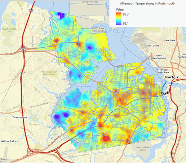 In 2024, Batten University measured air temperatures in Virginia Beach on one hot afternoon in July. Temperatures varied by more than 6°F across the city. Areas with more pavement and less trees were typically hotter.