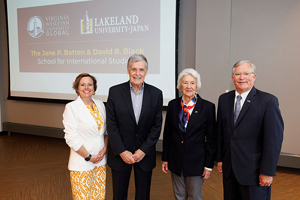 Lakeland University President Beth Borgen, Dr. David Black, Jane Batten, and Batten University President Scott D. Miller